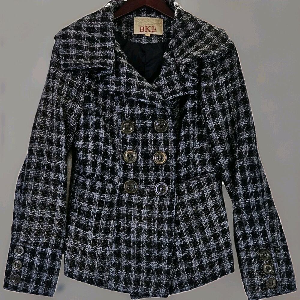 BKE Buckle Women's Medium Button Woven Tweed Double Breasted Peacoat Houndstooth